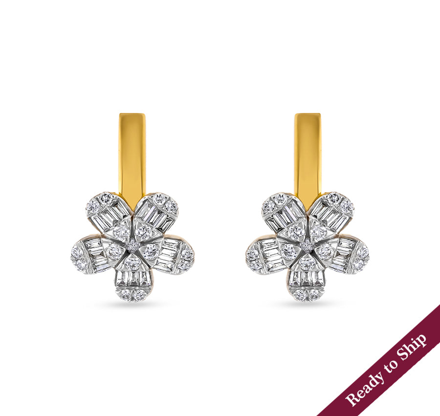 Flower Shape Baguette Cut with Round Natural Diamond Yellow Gold Hoop Earrings