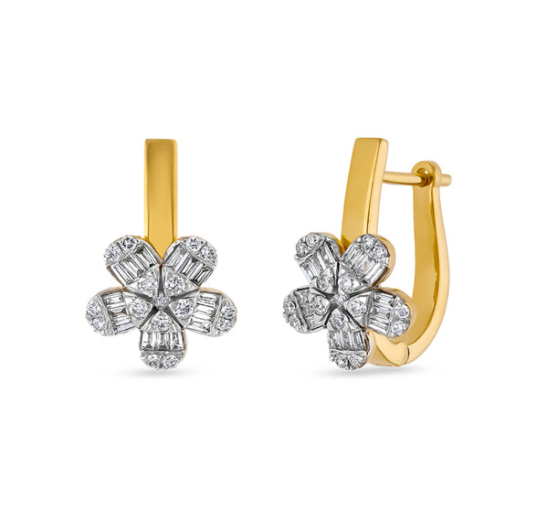 Flower Shape Baguette Cut with Round Natural Diamond Yellow Gold Hoop Earrings