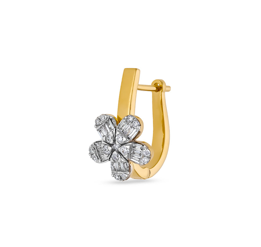 Flower Shape Baguette Cut with Round Natural Diamond Yellow Gold Hoop Earrings