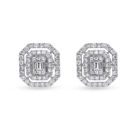 Octagon Shape Baguette Cut with Round Natural Diamond White Gold Stud Earrings
