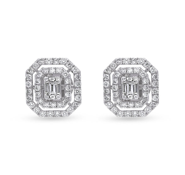 Octagon Shape Baguette Cut with Round Natural Diamond White Gold Stud Earrings