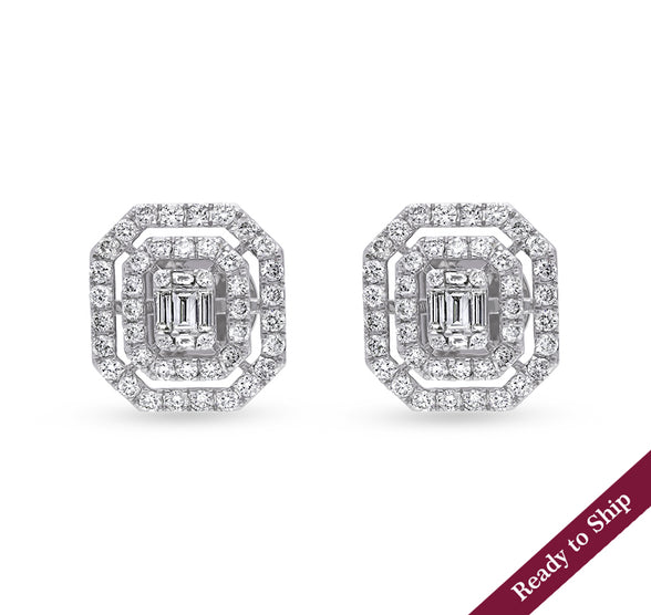 Octagon Shape Baguette Cut with Round Natural Diamond White Gold Stud Earrings