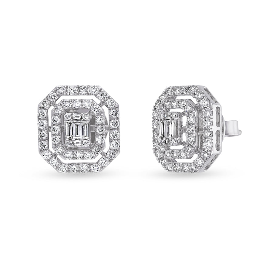 Octagon Shape Baguette Cut with Round Natural Diamond White Gold Stud Earrings