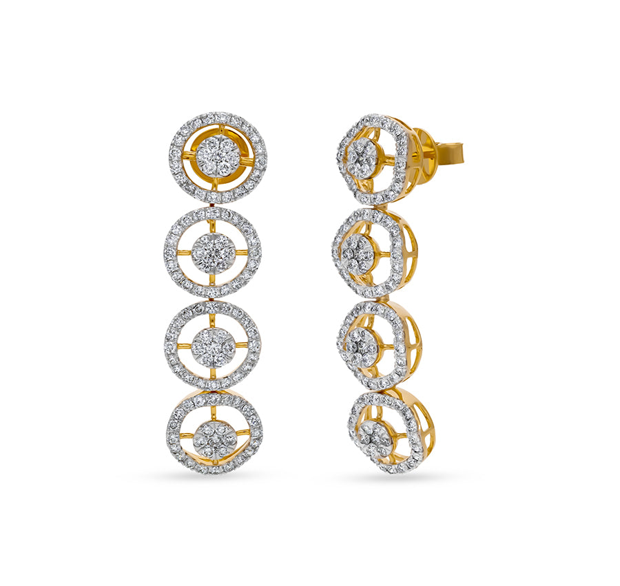 Round Shape Center Pressure Set and Round Natural Diamond Yellow Gold Dangle Earrings