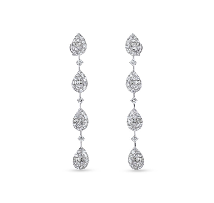 Pear Shape Baguette With Round Natural Diamond and Prong Setting White Gold Dangle Earrings
