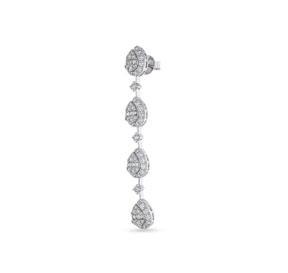 Pear Shape Baguette With Round Natural Diamond and Prong Setting White Gold Dangle Earrings