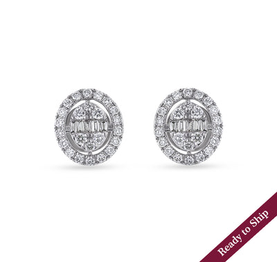 Circle Shape Baguette Cut with Round Natural Diamond White Gold Stud Earrings