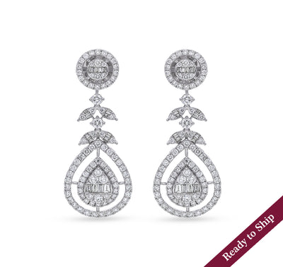 Leaf Shape Round Natural with baguette Cut Diamond White Gold Dangle Earrings