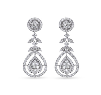 Leaf Shape Round Natural with baguette Cut Diamond White Gold Dangle Earrings