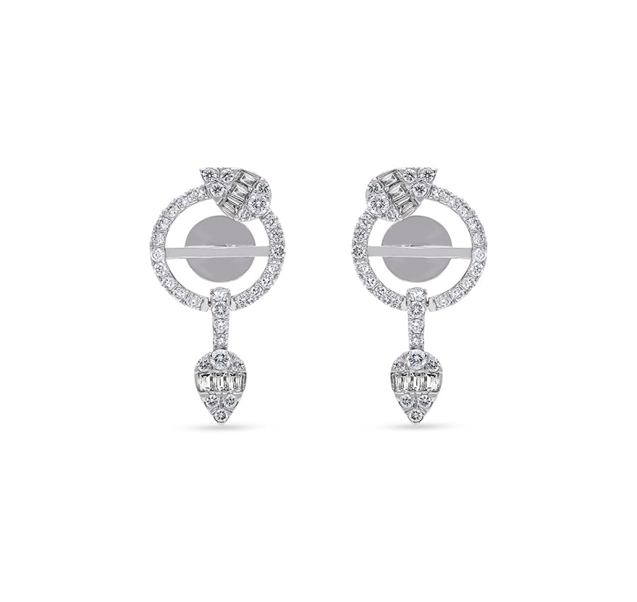 Circle Shape Baguette Cut With Round Natural Diamond White Gold Dangle Earrings