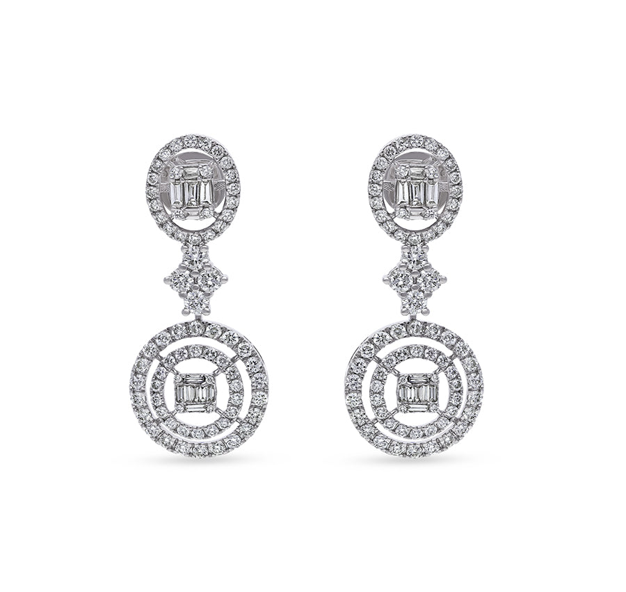 Baguette Cut with Round Natural Diamond White Gold and Prong Setting Dangle Earrings