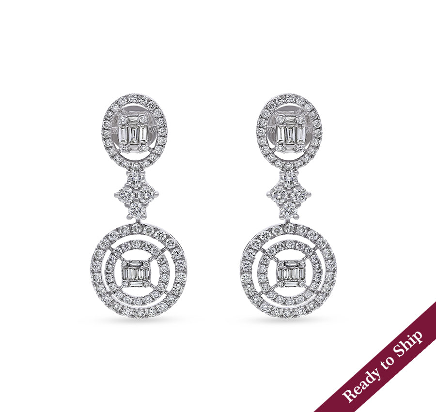 Baguette Cut with Round Natural Diamond White Gold and Prong Setting Dangle Earrings