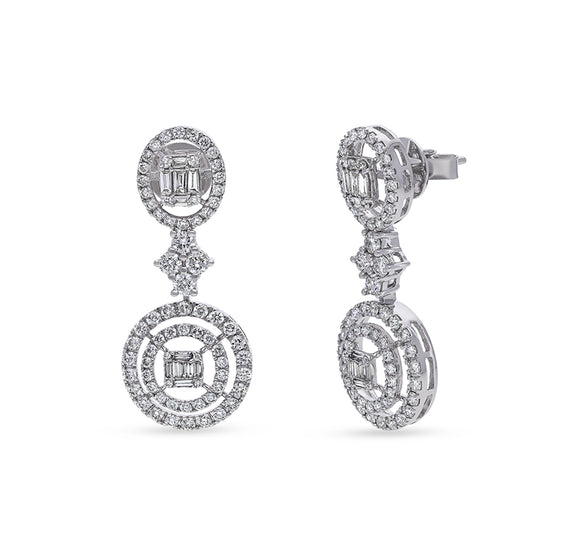 Baguette Cut with Round Natural Diamond White Gold and Prong Setting Dangle Earrings