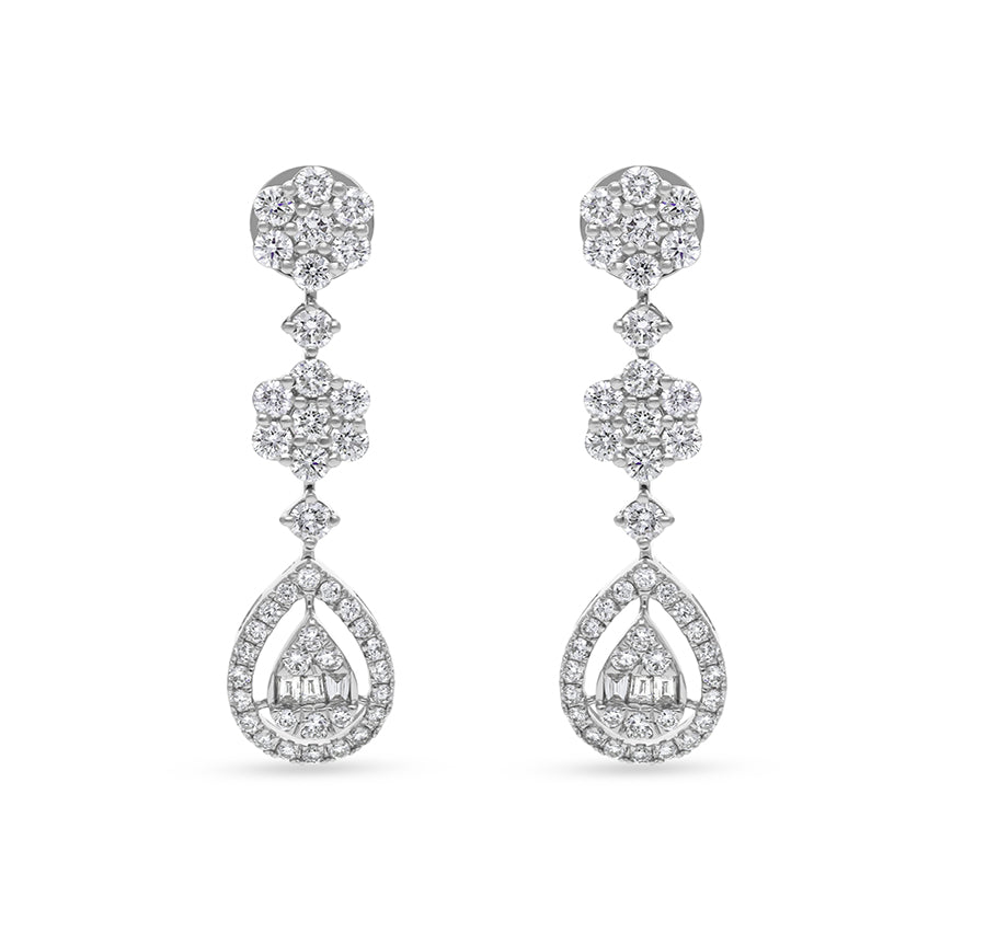 Pressure Setting and Baguette Cut with Round Natural Diamond White Gold Dangle Earrings