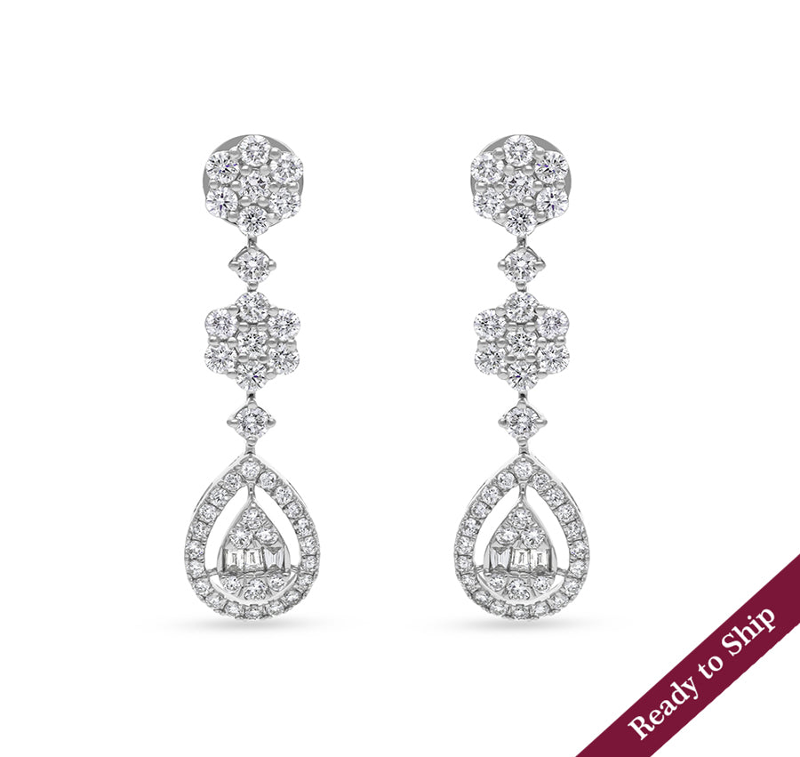 Pressure Setting and Baguette Cut with Round Natural Diamond White Gold Dangle Earrings