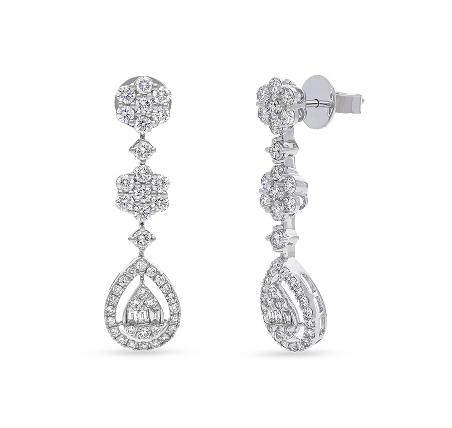 Pressure Setting and Baguette Cut with Round Natural Diamond White Gold Dangle Earrings