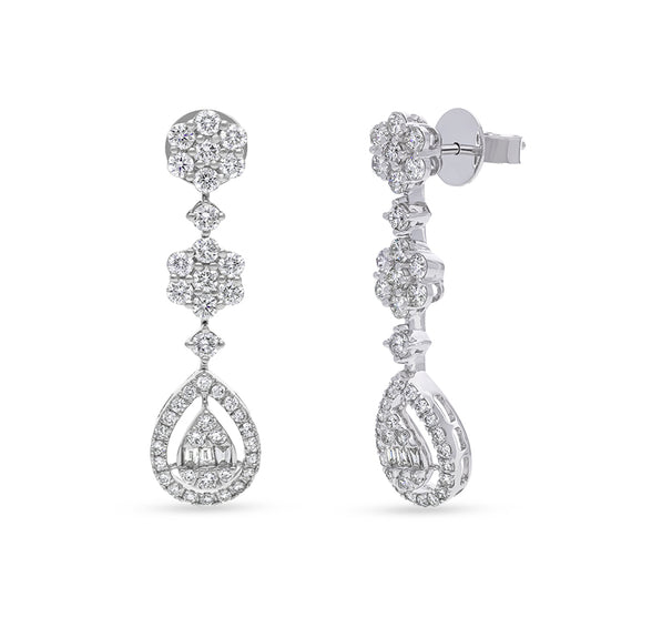 Pressure Setting and Baguette Cut with Round Natural Diamond White Gold Dangle Earrings