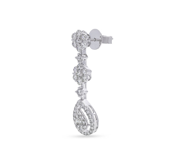 Pressure Setting and Baguette Cut with Round Natural Diamond White Gold Dangle Earrings