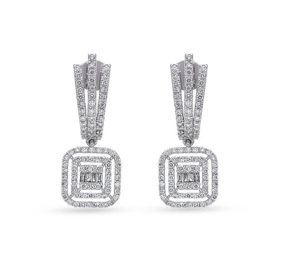 Cushion Shape Baguette with Round Natural Diamond and Prong Set White Gold Earrings