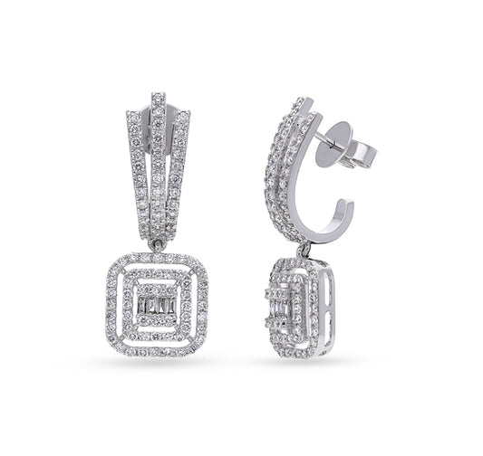 Cushion Shape Baguette with Round Natural Diamond and Prong Set White Gold Earrings