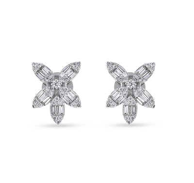 Baguette Cut with Round Natural Diamond White Gold Dewdrop Stud Earrings