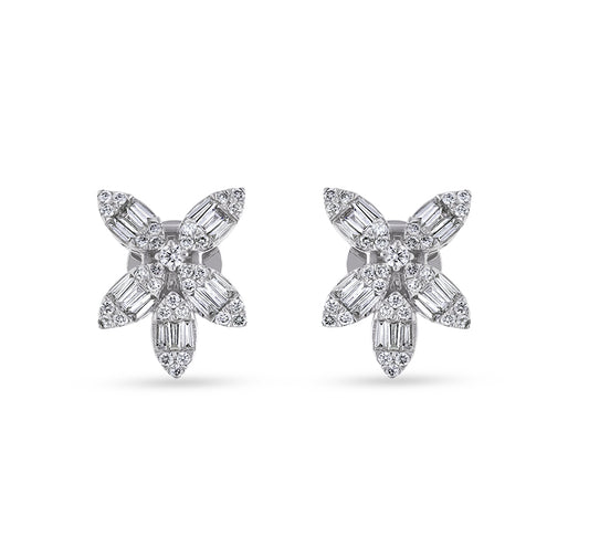 Baguette Cut with Round Natural Diamond White Gold Dewdrop Stud Earrings