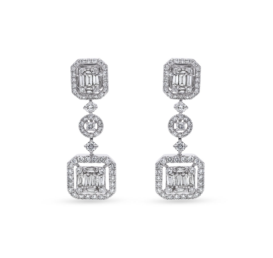 Center Baguette Cut and Round Natural Diamond White Gold Dangle Earrings