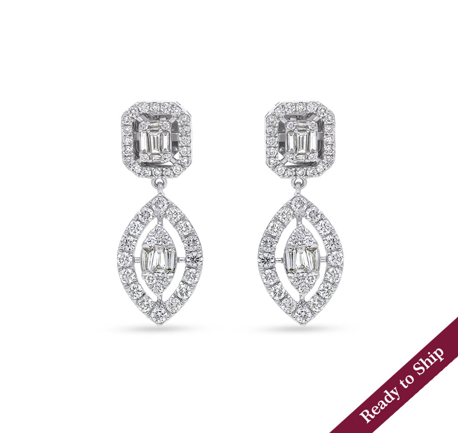 Dual Shape Baguette Cut With Round Natural Diamond White Gold Dangle Earrings