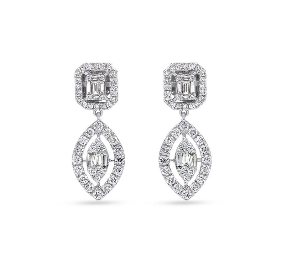 Dual Shape Baguette Cut With Round Natural Diamond White Gold Dangle Earrings