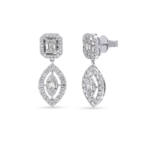 Dual Shape Baguette Cut With Round Natural Diamond White Gold Dangle Earrings