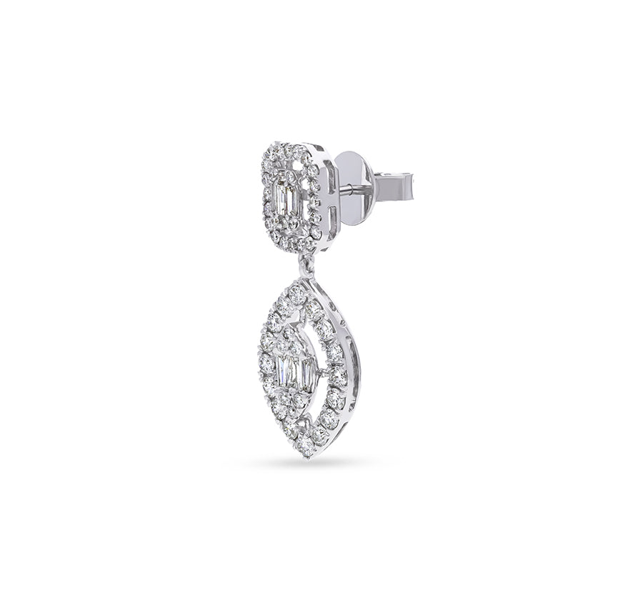Dual Shape Baguette Cut With Round Natural Diamond White Gold Dangle Earrings
