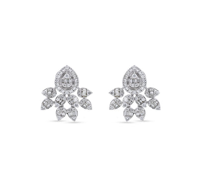 Pear Shape Baguette with Round Natural Diamond White Gold Stud Earrings