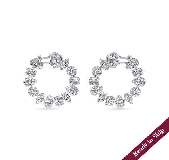 Multi Shaped Baguette Cut With Round natural Diamond White Gold Stud Earrings