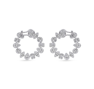 Multi Shaped Baguette Cut With Round natural Diamond White Gold Stud Earrings