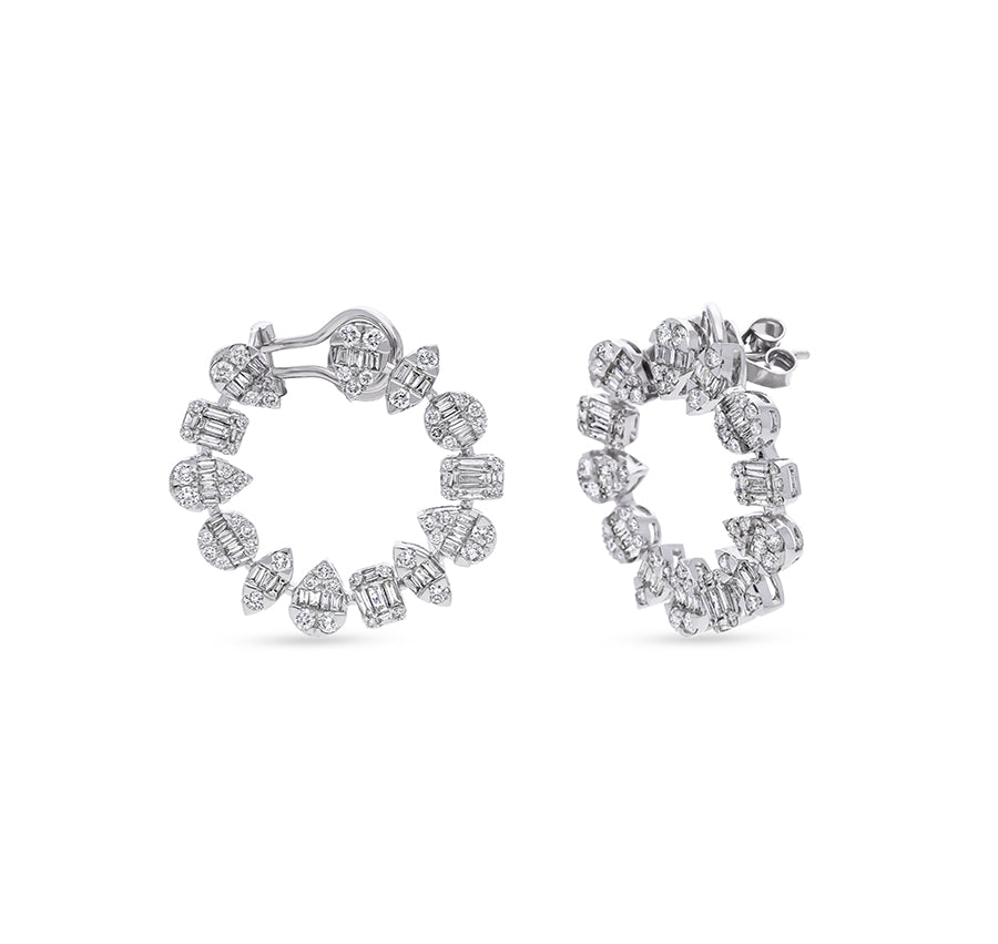 Multi Shaped Baguette Cut With Round natural Diamond White Gold Stud Earrings