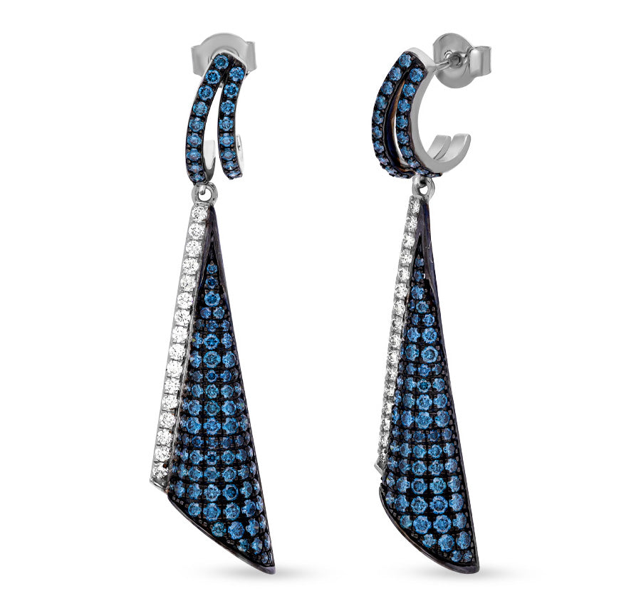 Natural Blue Round Diamond and White Gold Drop Earrings with Accent Diamonds