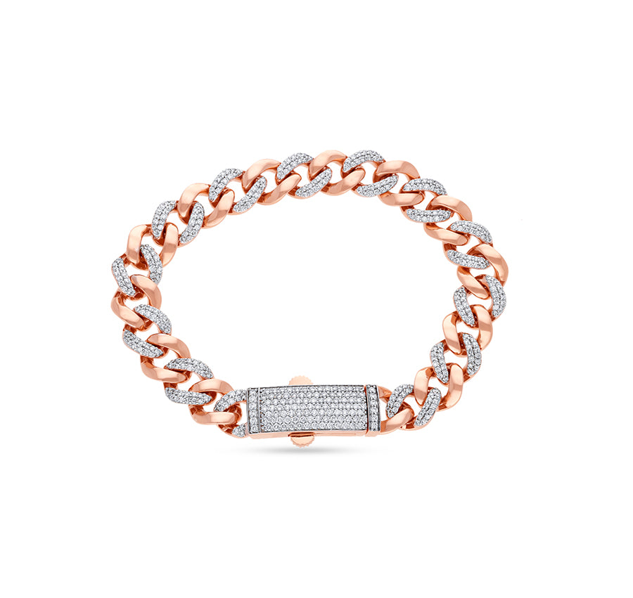 Cuban Link Chain Shape Round Cut Natural Diamond With Pave Set Rose Gold