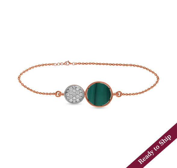 Round Diamond & Green Malachite Chain Lobster Claw Clasp Bracelet