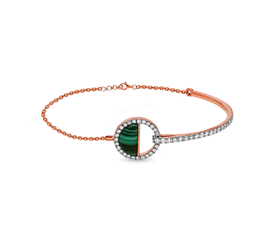 Round Natural Diamond With Half Circle Malachite 14K Rose Gold Lobster Claw Clasp Women Bracelet