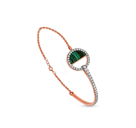 Round Natural Diamond With Half Circle Malachite 14K Rose Gold Lobster Claw Clasp Women Bracelet