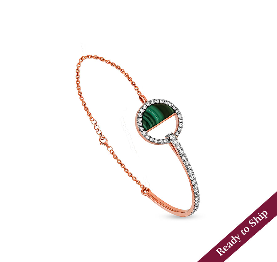 Half Circle Malachite With Round Diamond Rose Gold Lobster Claw Clasp Bracelet