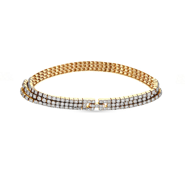 Round Cut Natural Diamond With Prong Set Yellow Gold Triple Layer Tennis Bracelet