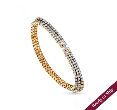 Round Cut Natural Diamond With Prong Set Yellow Gold Triple Layer Tennis Bracelet