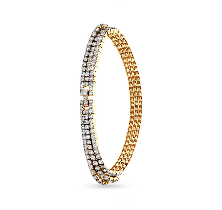 Round Cut Natural Diamond With Prong Set Yellow Gold Triple Layer Tennis Bracelet
