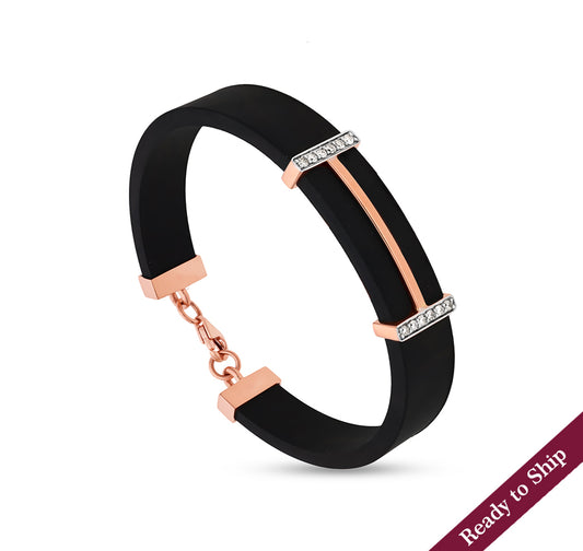 Round Natural Diamond Rose Gold Black Band Bracelet