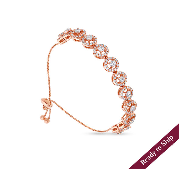 Round Shape Natural Diamond With Prong Setting Rose Gold Bolo Bracelet