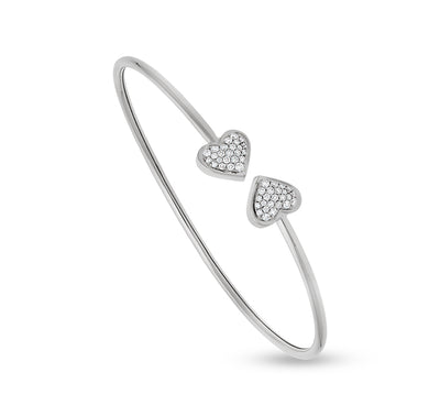 Sterling White Double Heart Round Diamond Bracelet