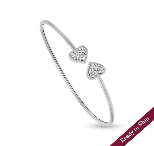 Sterling White Double Heart Round Diamond Bracelet