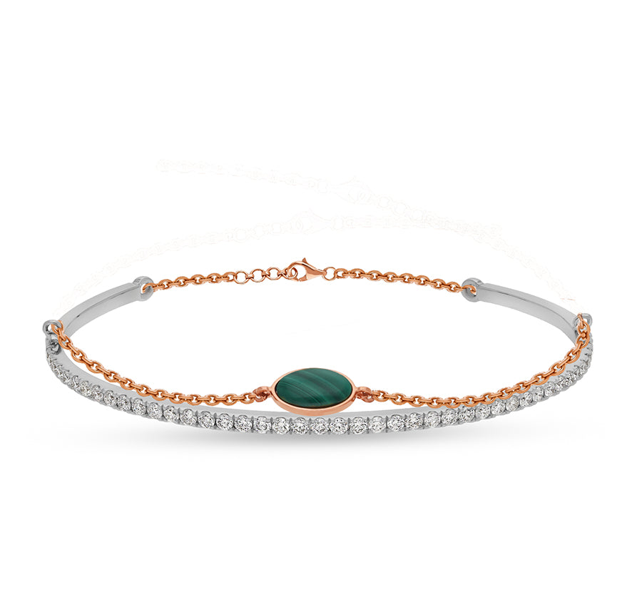 Dual Tone Round Natural Diamond With Oval Malachite 14K Gold Lobster Claw Clasp Women Bracelet
