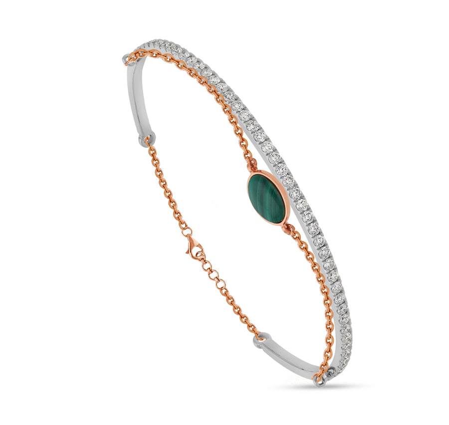 Dual Tone Round Natural Diamond With Oval Malachite 14K Gold Lobster Claw Clasp Women Bracelet